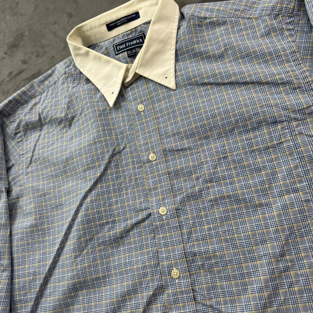 Paul Fredrick Mens 18.5 34 Plaid Cotton French Cuff Pin Collar Dress Shirt Blue - Picture 2 of 8
